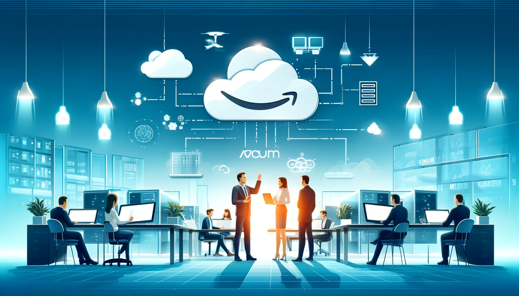 DALL·E 2024-05-15 10.16.20 - A professional and modern illustration of IT professionals working together on a large cloud migration project, involving VMware and AWS. The scene sh
